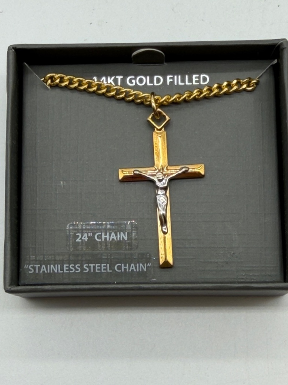 14K/GF Cross Necklace 24” Sterling chain NWT